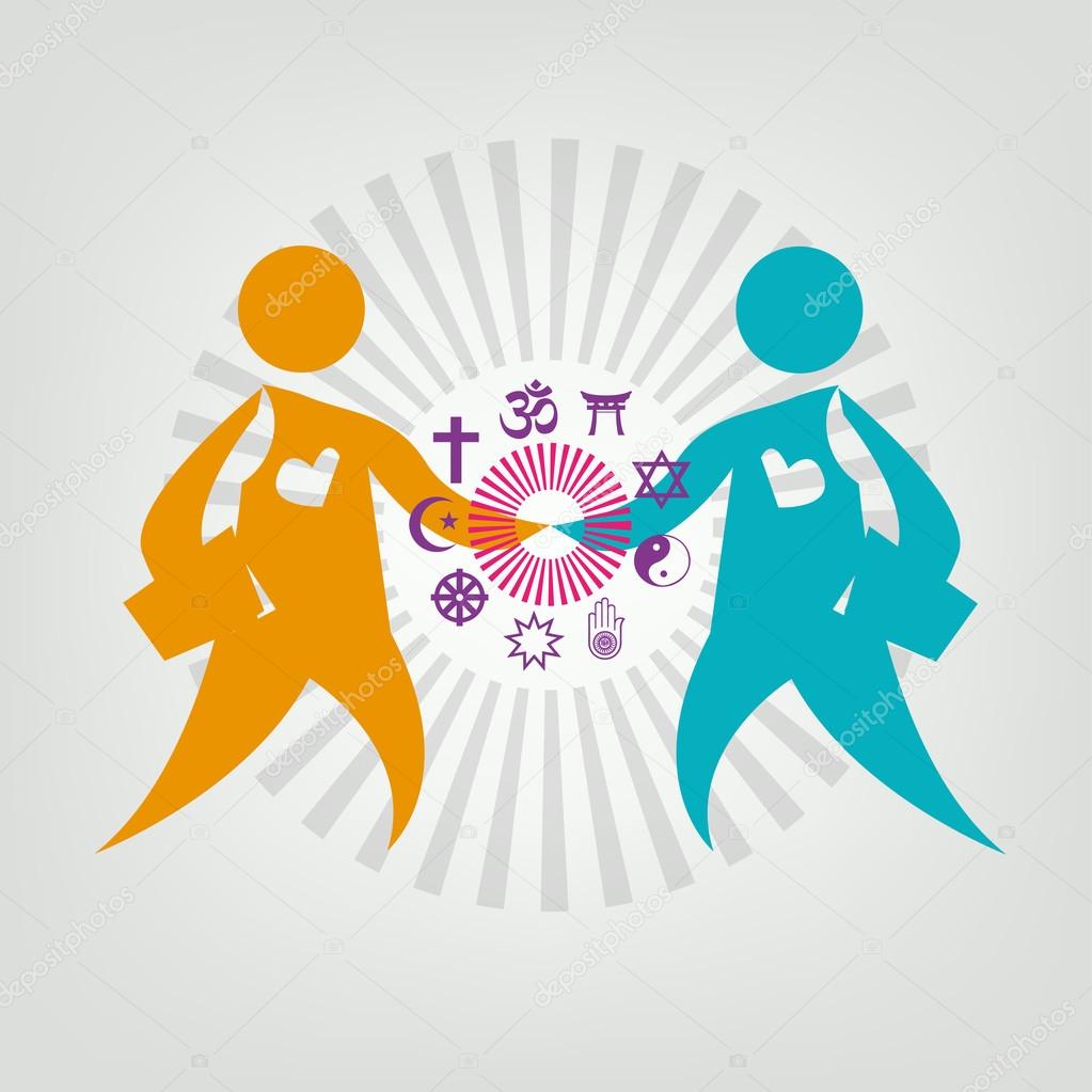 Two Persons Hold Hands Within Religious Symbols. Editable Clip art.