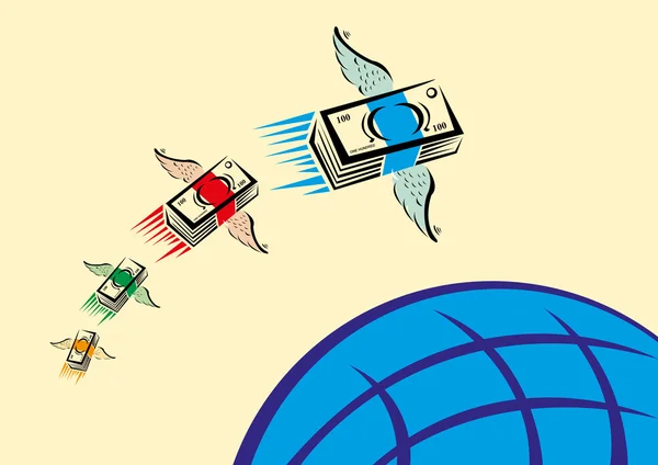 Geld vliegen over een Blue Globe. Remise overdracht concept. Bewerkbare illustraties. — Stockvector