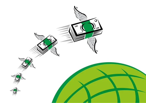 Remise Art conceptuel. L'argent vert avec des ailes vole rapidement au-dessus d'un globe vert. Clip Art modifiable . — Image vectorielle