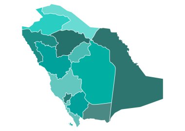 Deniz mavisi yeşil farklı tonlarında farklı il sınırları ile Suudi Arabistan siyasi harita. Düzenlenebilir küçük resim.