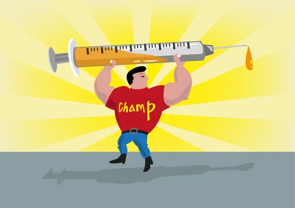 Atlet bir şırınga kadar kaldırdı. Doping kavramı. Düzenlenebilir küçük resim.