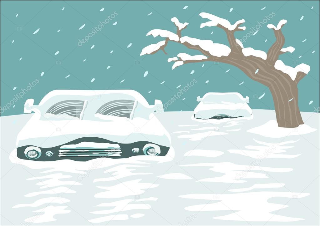 Great Snowfall Blizzard Covers a Street with Cars. Editable Clip Art.