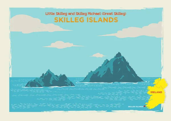 Dos islas Skellig Michael o Great Skellig y Little Skellig en Country Kerry, Irlanda. Clip de arte editable . — Vector de stock