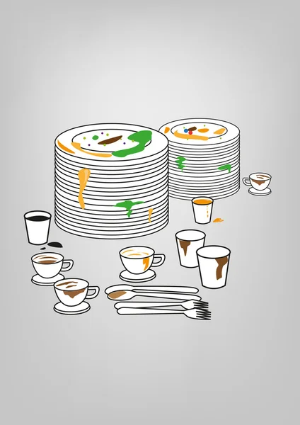 Illustration av smutsiga bestick, koppar och tallrikar. Redigerbara ClipArt — Stock vektor