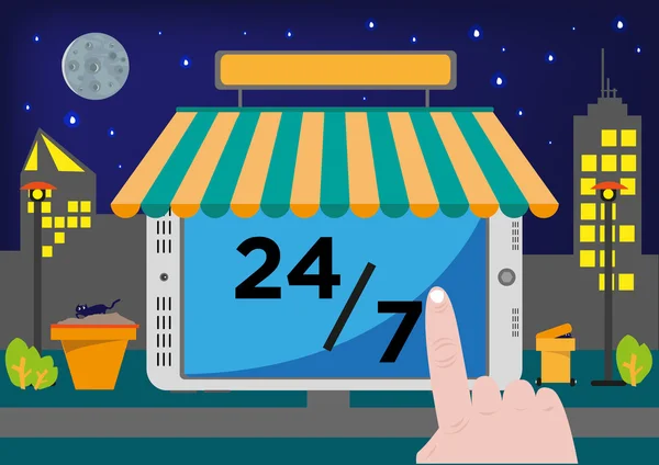 Tienda en línea Selling Point of Sale System (POS) o comprar cosas a través de Internet durante 24 horas, 7 días — Archivo Imágenes Vectoriales