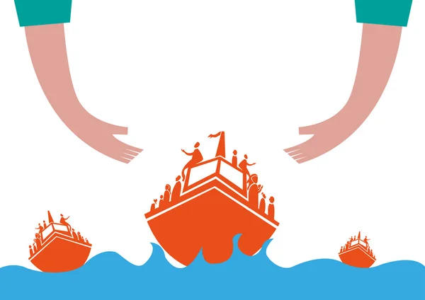 Vluchtelingen of asielzoekers op boot Concept. Handen helpt migranten overschrijding van de ruwe zee. Bewerkbare illustraties. — Stockvector