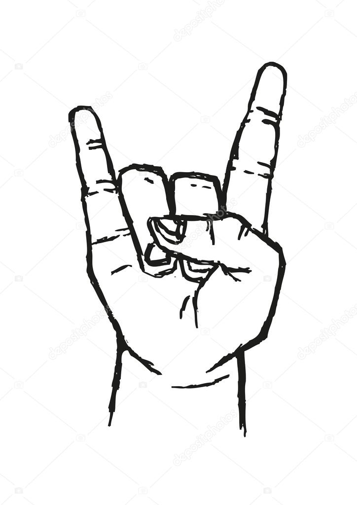 Sign of the Horns Hand Salute  or Sign Language Used in many alternative communications. Stylized Outline Art. Editable Clip Art.