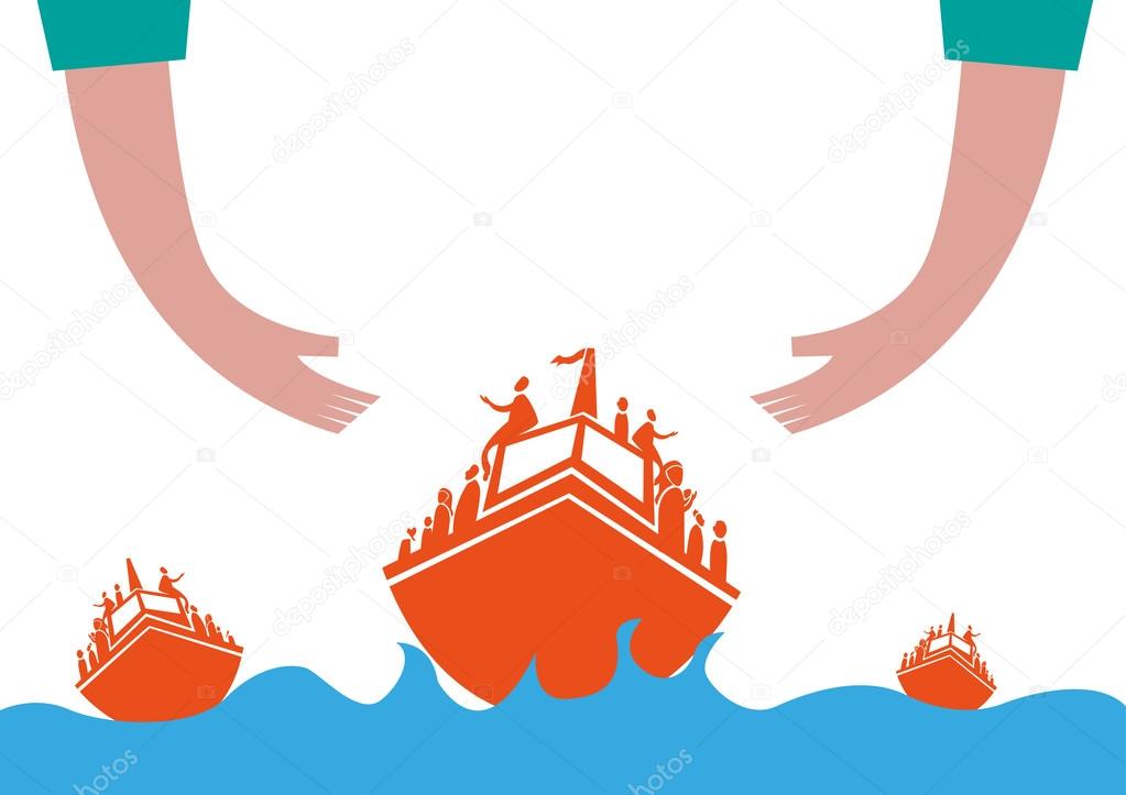 Clipart Asylum Seeker Refugees Or Asylum Seekers On Boat Concept Hands Helping Migrants Crossing The Rough Seas Editable Clip Art Stock Vector C Crystaleyemedia