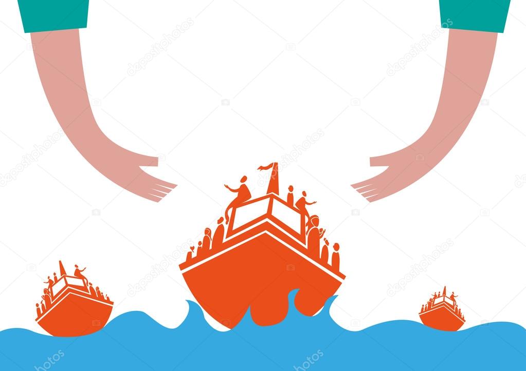 Refugees or Asylum Seekers on Boat Concept. Hands helping Migrants Crossing the rough seas. Editable Clip Art.
