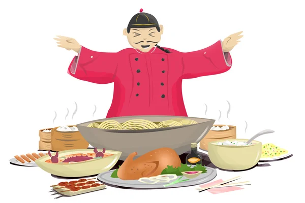 Čínský kuchař představuje orientální potraviny. Izolované na bílém pozadí. — Stock fotografie