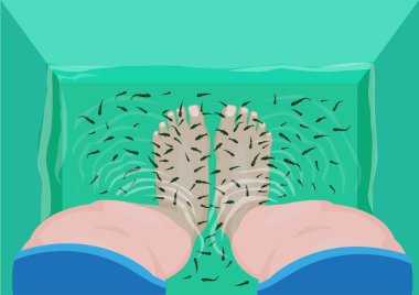 Balık pedikür veya masaj kavramı. En iyi görünüm, ayaklarda bir Spa Masaj küvet dolu Doktor balık veya Garra rufa ile. Düzenlenebilir küçük resim.