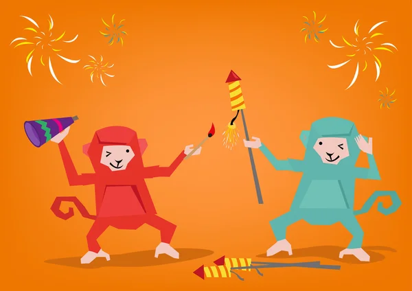 Two Monkeys Lights Up a Fireworks Rocket to Celebrate a Holiday. Editable Clip Art.  Editable Clip Art. — Stock Vector
