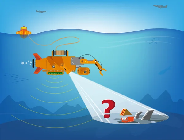 Робот с дистанционным управлением ищет под водой обломки самолетов, кораблей или более. Стол Clip Art . — стоковый вектор