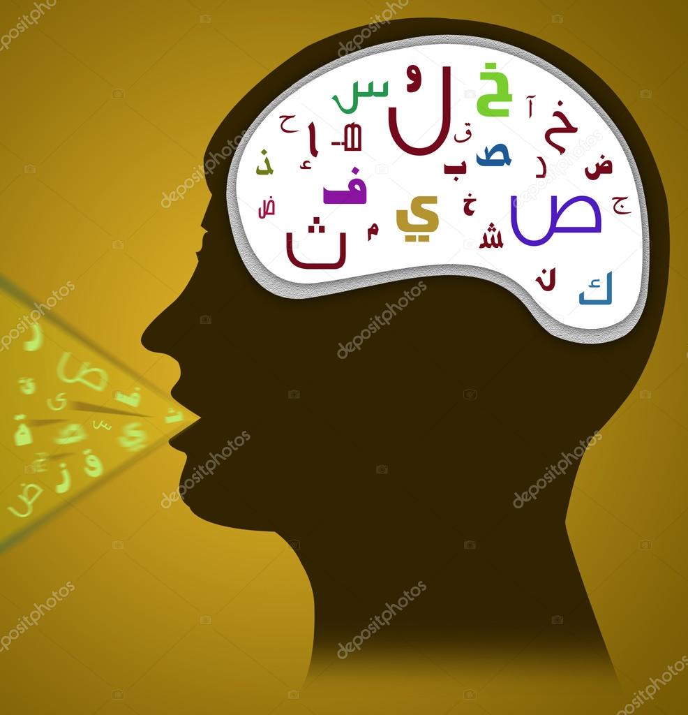 Silhouette of Man Speaking and Thinking Arabic Alphabet