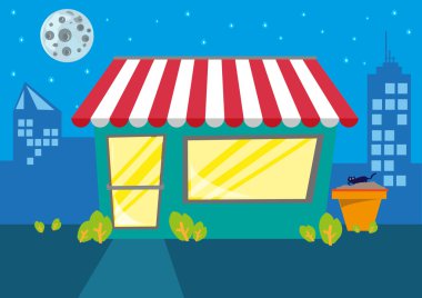 Bir mağaza veya restoran gece şehirde. Düzenlenebilir küçük resim.