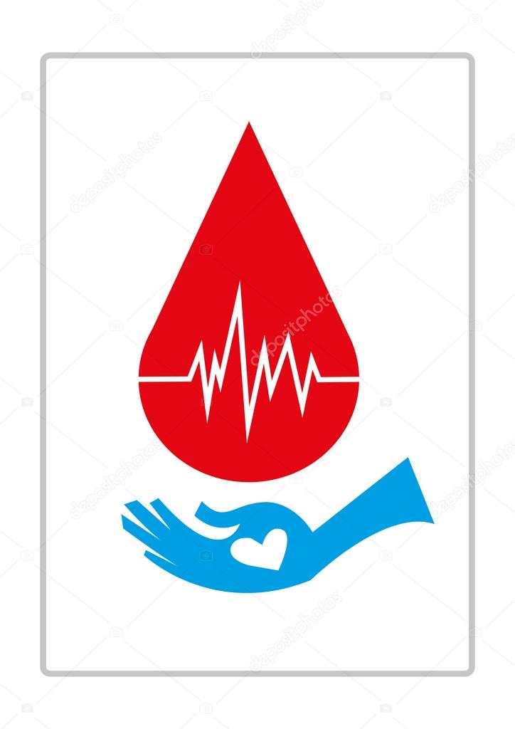 Blood Droplet with Life Monitor and a hand of recipient with a heart asking for donor blood. Editable Clip Art.