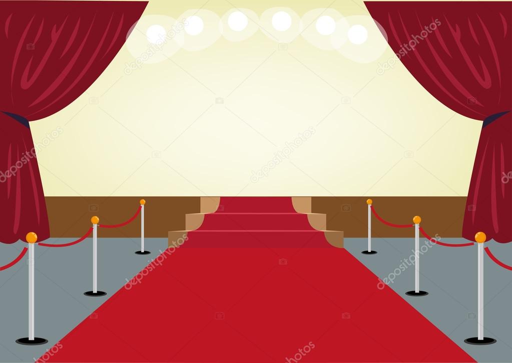 Red Carpet towards a Stage with Red Curtain frames. Editable Clip Art.