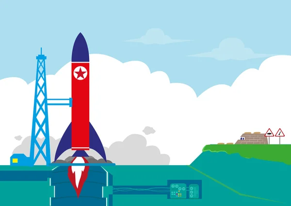 Korea Północna lub hymn testy rakiet balistycznych lub Rocket orbicie satelita koncepcję. Można edytować obiekty clipart. — Wektor stockowy