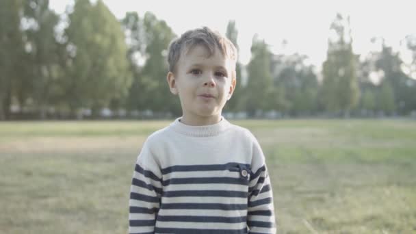 Πορτρέτο του χαριτωμένο Καυκάσιος αγόρι στέκεται στο πάρκο — Αρχείο Βίντεο