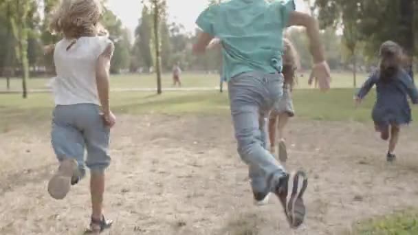 Πίσω όψη χαρούμενα παιδιά που ανταγωνίζονται με ταχύτητα στη φύση στο πάρκο — Αρχείο Βίντεο