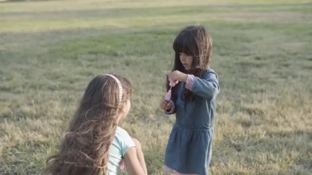 Krásné latinské sestry foukání bubliny na sebe — Stock video