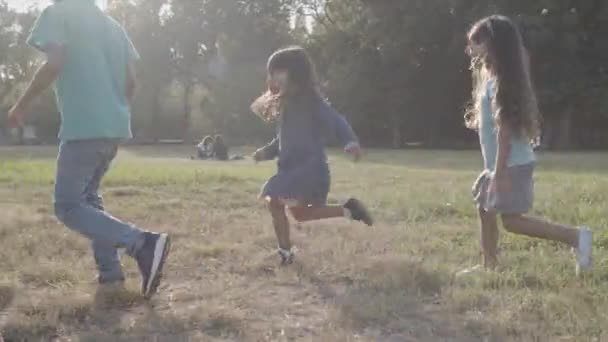 Niños felices jugando fútbol en el prado — Vídeos de Stock