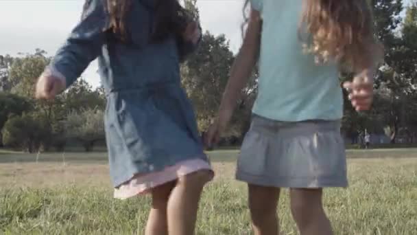 Dos chicas latinas de pelo largo pateando la pelota en el prado — Vídeos de Stock