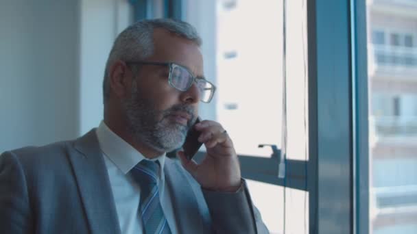 Серьезный зрелый бизнесмен стоит у окна — стоковое видео