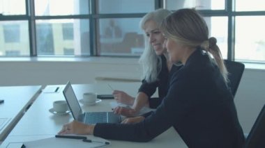 Birlikte dizüstü bilgisayar kullanan mutlu bayan ofis arkadaşları.