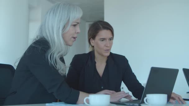 Alegre negocio damas usando el ordenador portátil juntos — Vídeos de Stock