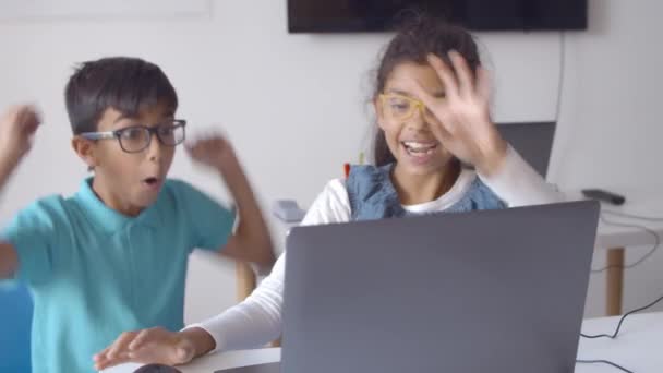 Пара взволнованных одноклассников, работающих над заданием — стоковое видео