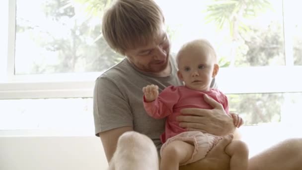 손에 아기를 안고 놀고 여자와 이야기하는 행복 한 아버지 — 비디오