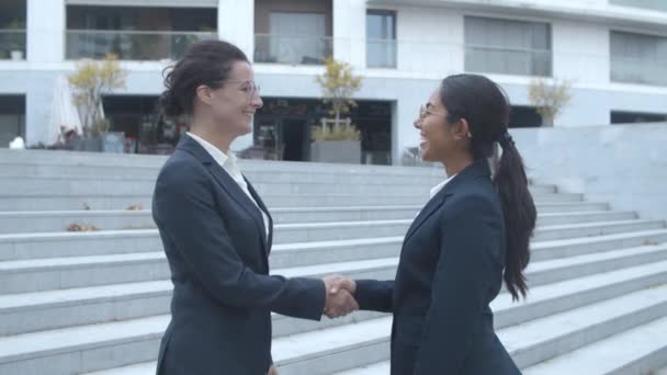 Счастливые женщины-деловые партнеры встречаются снаружи — стоковое видео