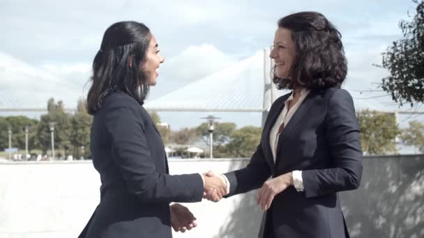 Two pretty businesswomen standing outside and handshaking — Stock Video