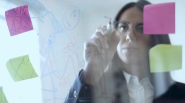 Ciddi genç bayan yönetici çizelgeler çiziyor.