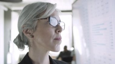 İçerik sahibi iş kadınının büyük ekranı grafiklerle izlemesi