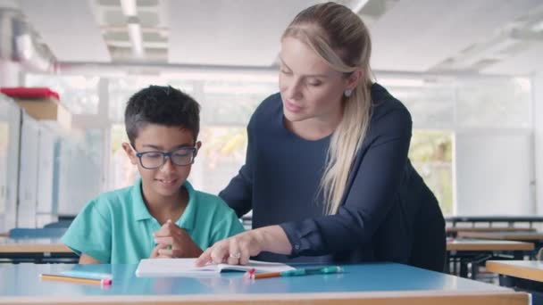 Amistoso maestro de escuela explicando tarea a alumno chico — Vídeo de stock
