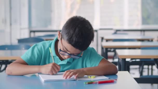 Sério trabalhador aluno menino vestindo óculos — Vídeo de Stock