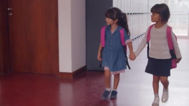 Bonito meninas aluno da escola primária feliz vestindo mochilas rosa — Vídeo de Stock