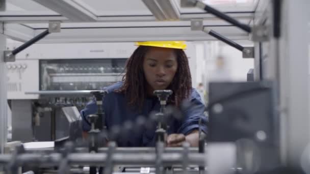 Fokuserad ung svart kvinnlig fabriksanställd — Stockvideo