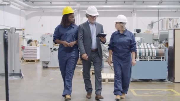 Team of older factory engineer and two diverse female employees — Stock Video