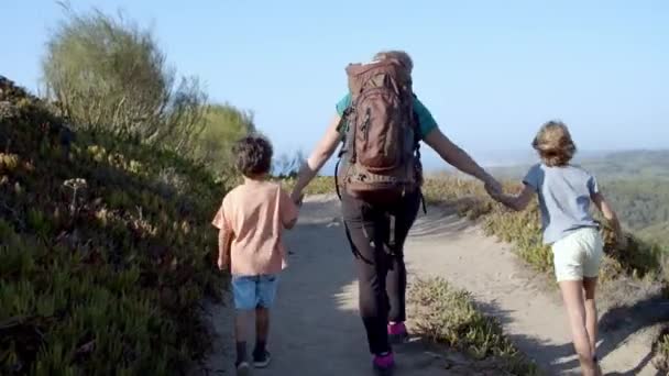 Дети и мама в рюкзаке, ходят по тропинке в горах — стоковое видео