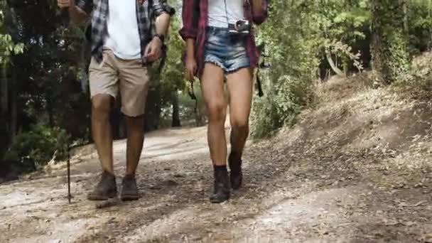 Pernas de caminhantes usando shorts e botas de trekking — Vídeo de Stock