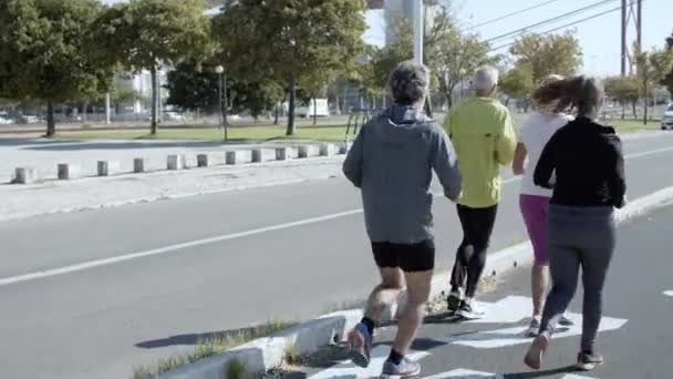 Active elder runners jogging outside — Αρχείο Βίντεο