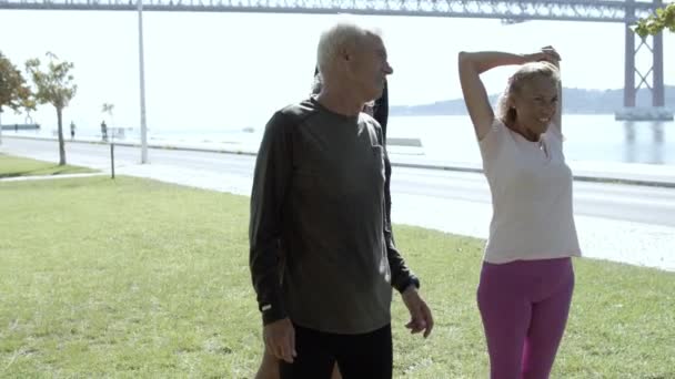 Oudere mannen en vrouwen verwarmen en strekken spieren — Stockvideo