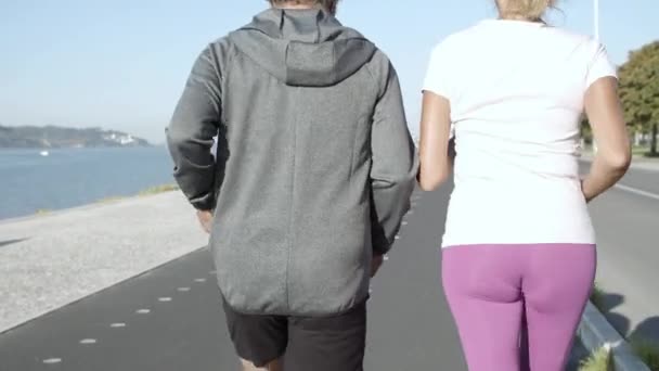 Visão traseira de corredores ativos correndo na estrada de asfalto — Vídeo de Stock