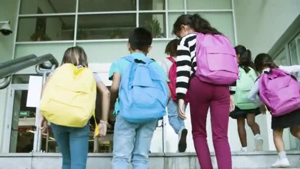 Groupe d'enfants de différents âges montant les escaliers jusqu'à l'école. — Video