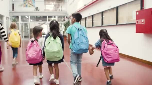 Medium shot of children walking in school hallway. — Stock Video