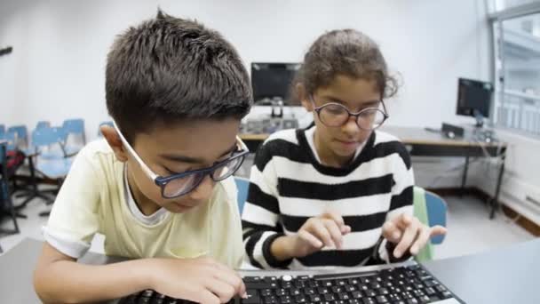 Menino e menina estudando juntos na aula de ciência da computação. — Vídeo de Stock