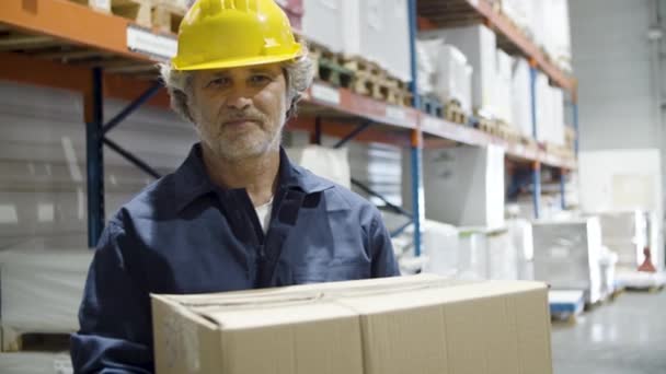 Empleado masculino enfocado que sostiene la caja de cartón en almacén. — Vídeos de Stock